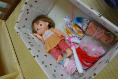 遊び棚： こんな感じで収納しています。まず人形をボックスに入れて・・・