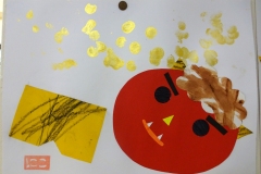 鬼の福笑い： 画用紙いっぱいに飛び散った豆に鬼もびっくりです。上手に絵具を使えました。
